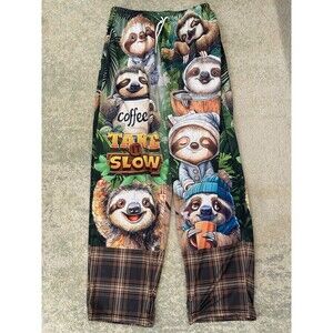 Sloth Size XL Lounge Pants Pajamas Coffee "Take it Slow" Drawstring Graphic